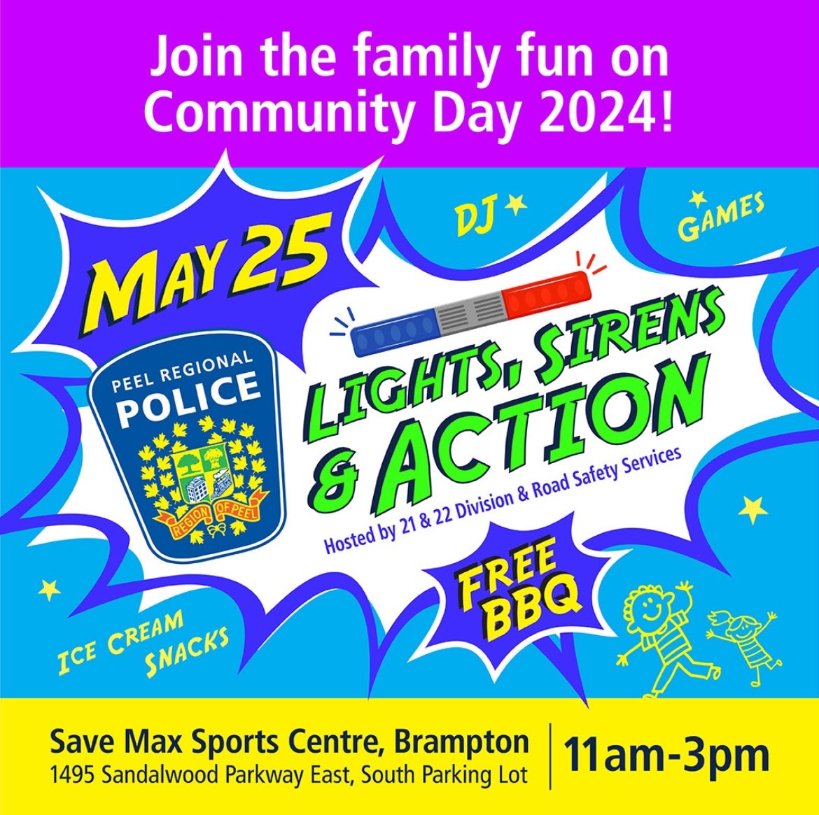 🚨 Join us for Community Day at the Save Max Sports Center! 🚨 Peel Police Recruiting will be there alongside 21 and 22 Division and Road Safety Services for a day of fun and connection. Come meet us on May 25 from 11 AM - 3 PM. #PeelPolice #CommunityDay #JoinUs #RoadSafety 🚔