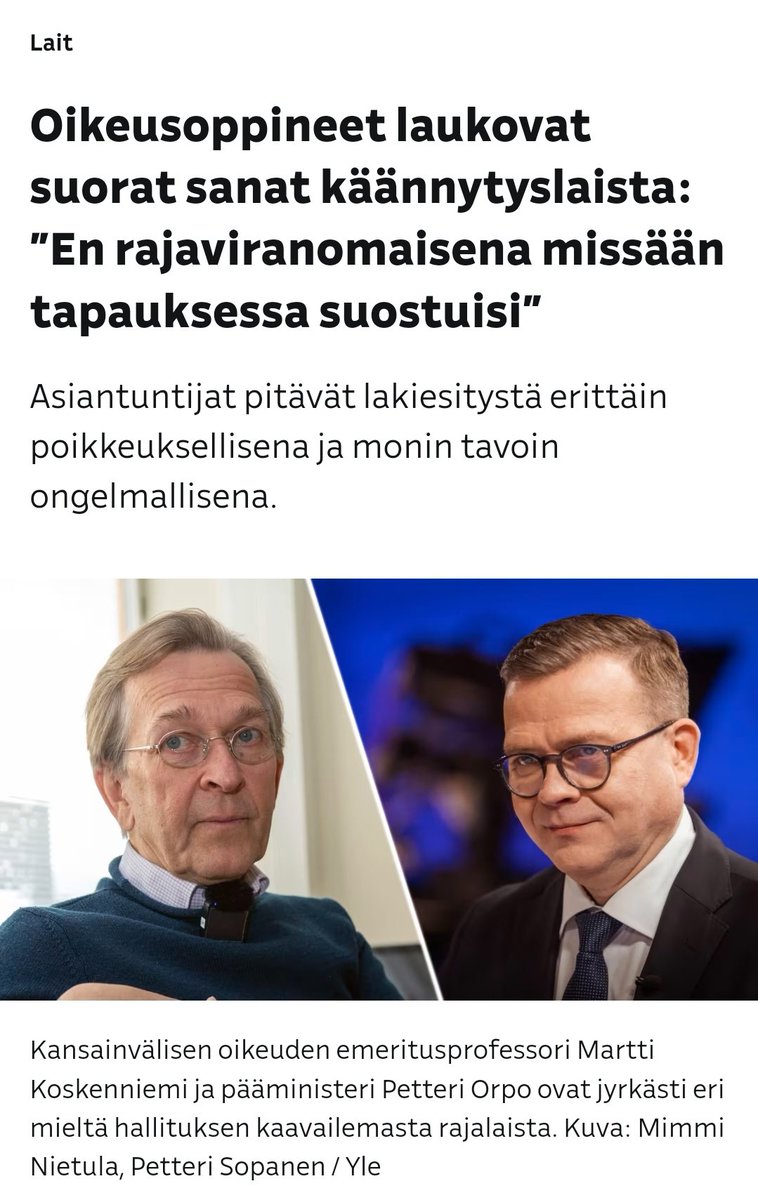 Jos ikivanhat kansainväliset sitoumukset estävät Suomea huolehtimasta kansallisesta turvallisuudestaan on selvää, että kansallinen turvallisuus saa etusijan. Suomen ei pidä polvistua roistovaltio Venäjän hybridioperaatioiden edessä. Kiitos Orpon hallitus! 🇫🇮