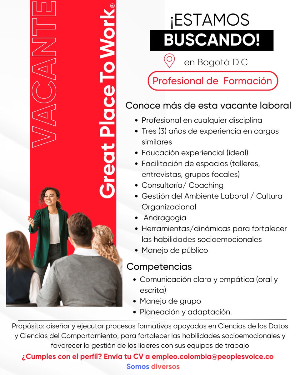 #TrabajoSíHay estamos buscando los siguientes perfiles.

💻 Si cumples con los requisitos, compártenos tu hoja de vida a empleo.colombia@peoplesvoice.co o ingresa a este link: bit.ly/3cKoDMt

#Trabajo #OfertaLaboral #Colombia #AmbienteLaboral