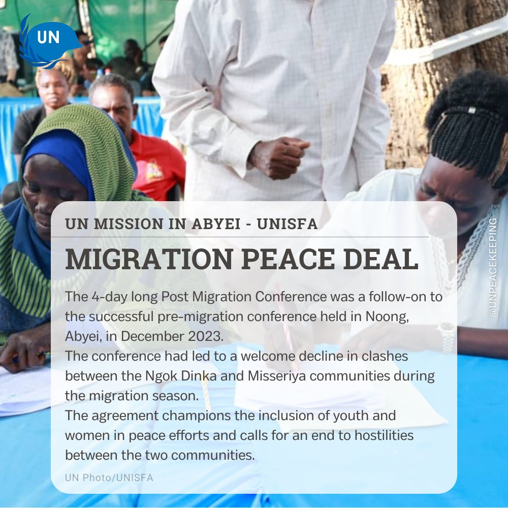 In Abyei, @UNISFA_1 brought together over 140 Ngok Dinka and Misseriya community leaders to sign a peace agreement to prevent violence related to cattle farming and strengthen intercommunal cooperation to ensure peaceful migration seasons. #PeaceBegins