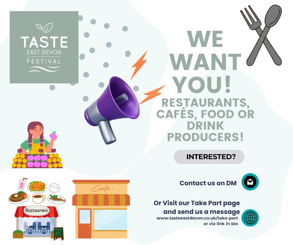 📢WE WANT YOU! #TasteEastDevon Festival takes place over 9 days  from 14th to 22nd September but planning is happening now! We'd love some more venues, it is free to get involved, you'll be supported on the PR side.
Interested? Contact us via tasteeastdevon.co.uk/take-part