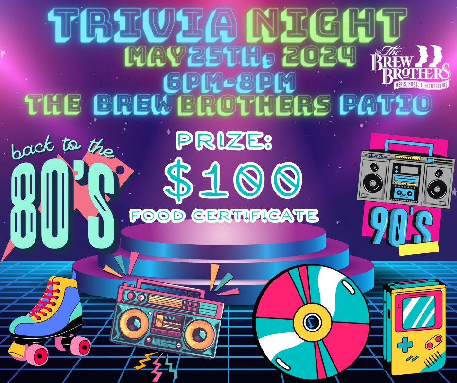 Lights, camera, TRIVIA! 🎉 Join us at The Isle of Capri for a groovy 80's and 90's Trivia Night on May 25th from 6PM-8PM. On The Brew Brothers Patio. Dust off those neon leg warmers and get ready to test your knowledge! #TriviaNight #ThrowbackSaturday