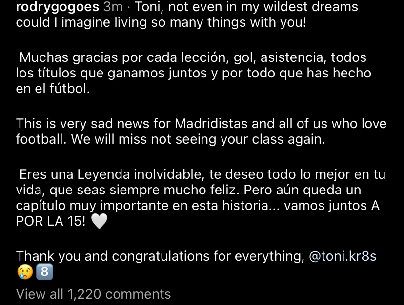 Rodrygo sends a message to Toni Kroos.