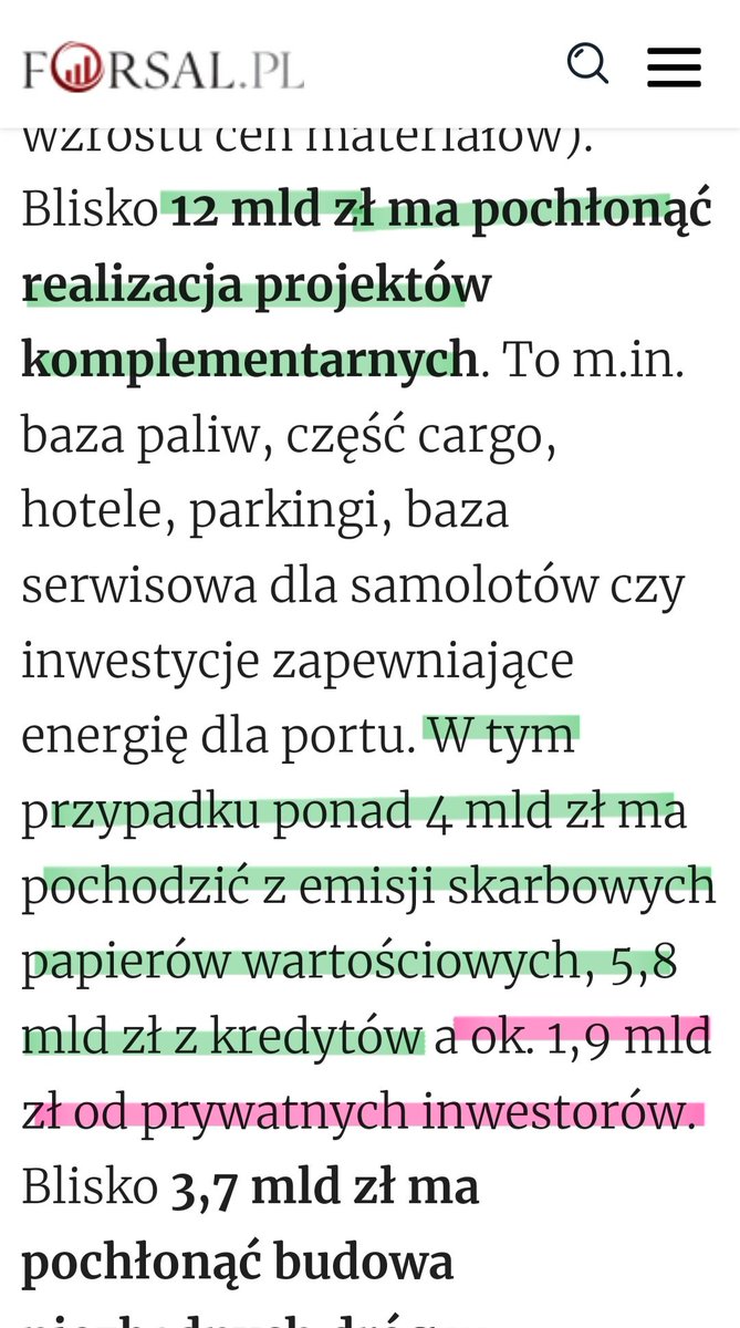 7. Powiem Wam, skąd oni biorą kwotę 9,9 mld zł.
Do 8 mld od firm Vinci i IFM Global dodają 1,9 mld od prywatnych inwestorów na część komplementarną (różowe zaznaczenie).
Tylko, że to nie dotyczy budowy samego lotniska za min. 46 mld zł, ale dodatków za kolejne‼️ 12 mld. ⤵️