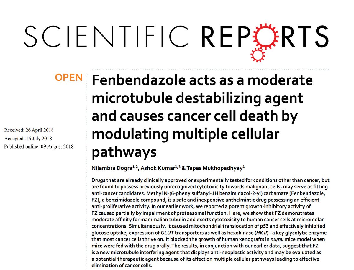 癌治療にフェンベンダゾールが有用な根拠。 Fenbendazole acts as a moderate microtubule destabilizing agent and causes cancer cell death by modulating multiple cellular pathways ncbi.nlm.nih.gov/pmc/articles/P…