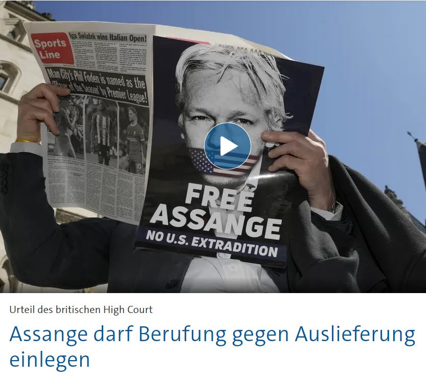 @kunoweb freut nachdenklich die Nachricht aus London am Pfingstmontag: Julian Assange, seit Jahren schlimmster Einzelhaft, darf gegen die Auslieferung in Berufung gehen tagesschau.de/ausland/europa… Ein Teilerfolg, klar. Aber die 175 Jahre im US-Knast damit noch nicht vom Tisch.