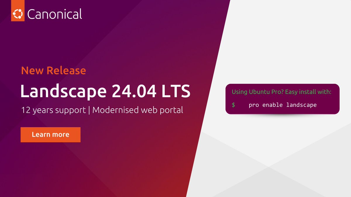 Canonical's tweet image. We&apos;re excited to announce our first-ever LTS release for Landscape. ⚙️ ✨ 

Landscape 24.04 brings a new API, a new web portal optimised for accessibility, and intuitive controls for software distribution. 

Learn more: ubuntu.com/blog/canonical…

#LandscapeLTS #SystemsManagement