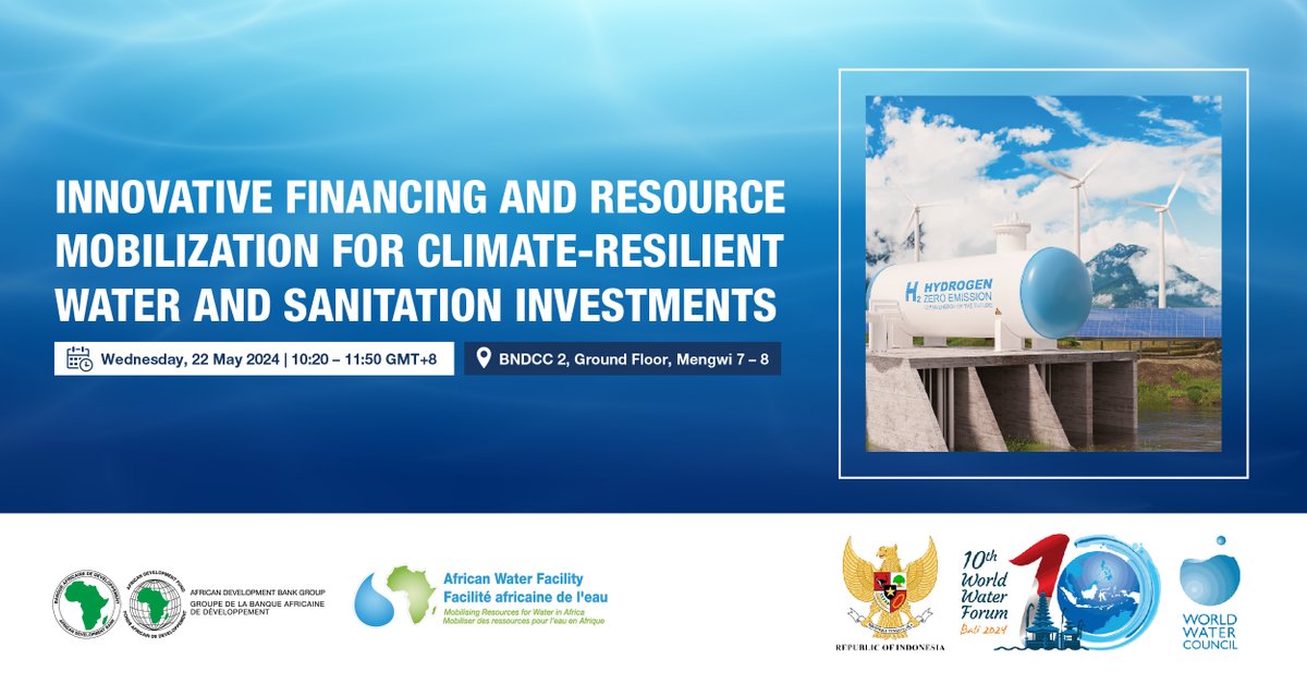 The @AfDB_Group, @AWFbroadcast and @NamPresidency will host a session at the #10thWorldWaterForum in #Bali, focusing on ‘Innovative Financing and Resource Mobilization for Climate-resilient #Water and Sanitation Investments’ in #Africa: bit.ly/3KvnSIJ #AfDBat10WWF