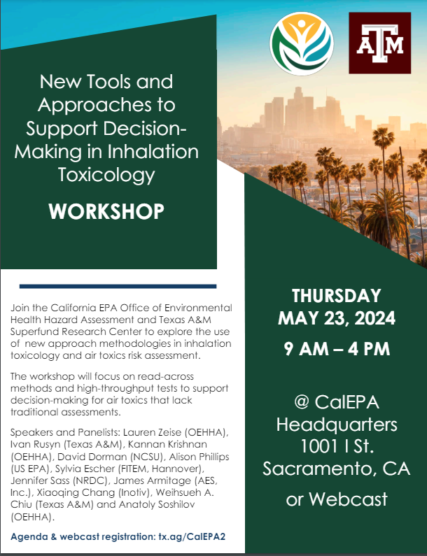tamusuperfund's tweet image. Reminder:  Sign up to receive webcast details on the  California @OEHHA &amp;amp; @tamusuperfund workshop. Hear the latest from international researchers #newapproachmethods #readacross #airtoxics #riskassessment
superfund.tamu.edu/news-events/ev…
@SRP_NIEHS @tamuvetmed @tamutox @NRDC @EPA