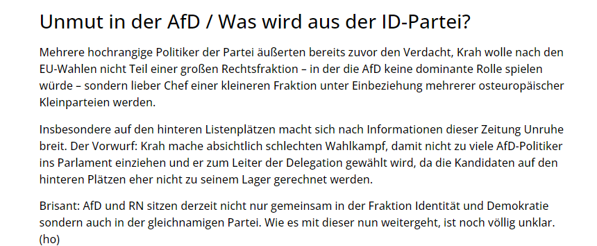 AfDverbot_2024's tweet photo. Bruch unter den Rechten in der #EU:  🍿#RassemblementNational beendet Zusammenarbeit mit der #AfD - AfD-interner #Unmut über #Krah wird lauter https://t.co/ROaUfoBZ7w https://t.co/jnwye7jGKy