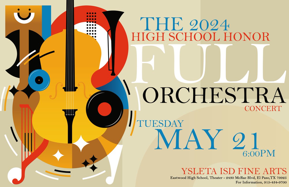 The @YsletaISD Fine Arts Dept. is proud to present the 2024 High School Honor Full Orchestra Concert TONIGHT, May 21, 2024 at 6:00pm in the @EastwoodHQ Theater. Please join us for an evening of incredible student talent! Admission is free!