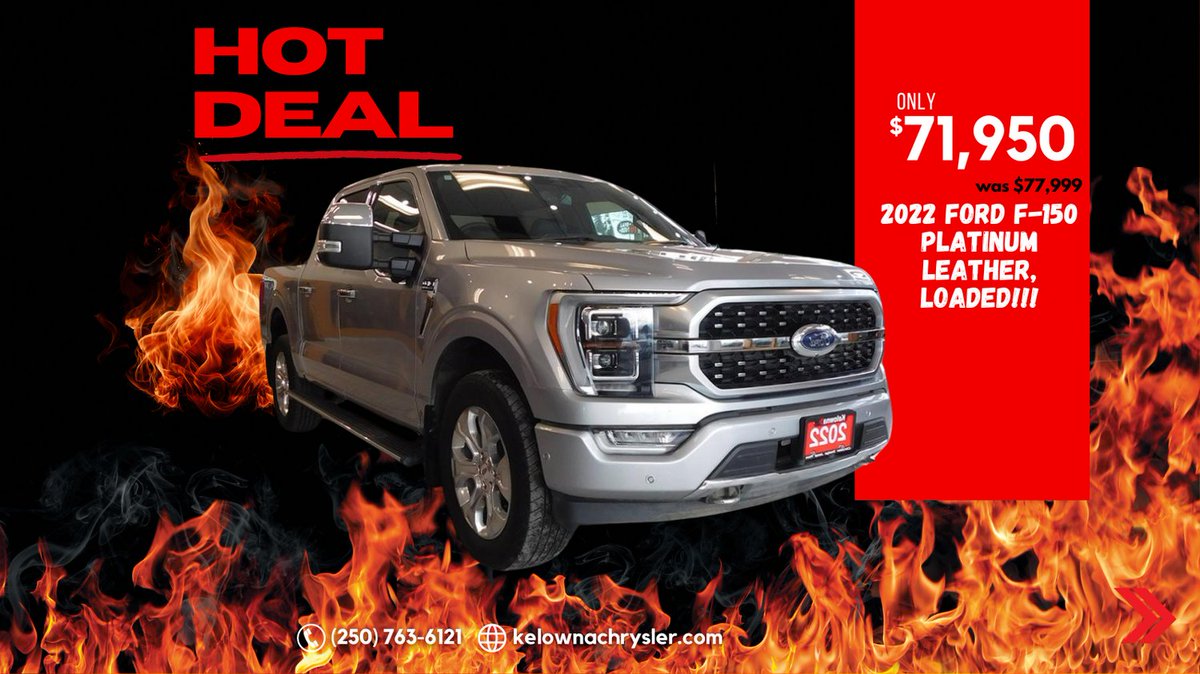 Get ready to hit the road in style with our unbeatable offer on this 2022 FORD F-150 PLATINUM, LEATHER, LOADED!! 🌟 Priced at only $71,950 + adds*, Reduced price from $77,999 and it's waiting for YOU at Kelowna Chrysler! #trucklife #HotDeal #KelownaChrysler *excl fees & taxes