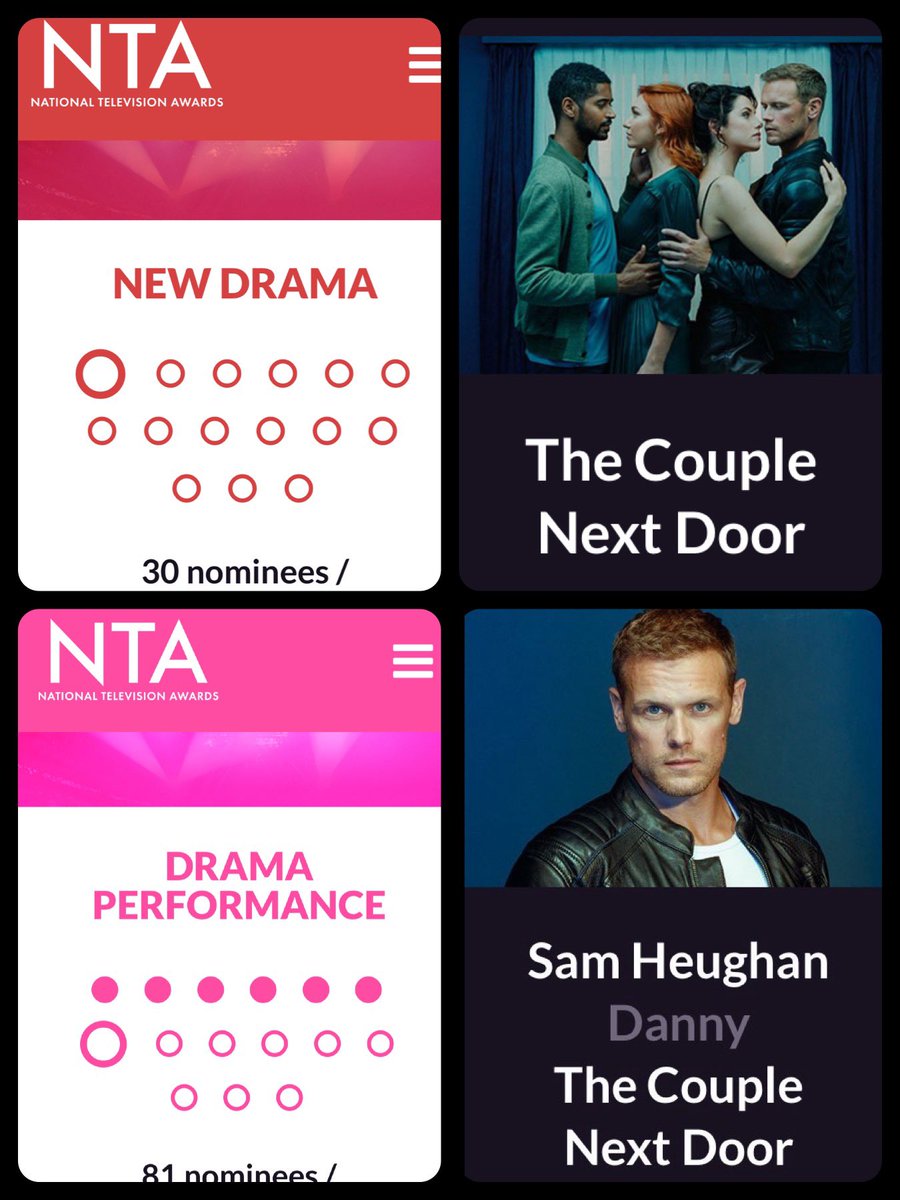 The NTA, National TV Awards, are now open!  
Please vote for - 
#TheCoupleNextDoor as best New Drama
and 
#SamHeughan as best Drama Performance

You can vote at this link until 11pm May 31st 2024 - 
nationaltvawards.com/vote/category/…