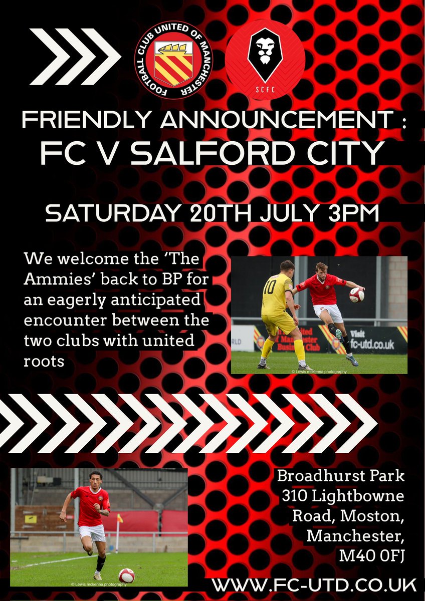 🆕 Friendly game v @SalfordCityFC We welcome EFL side Salford to BP as we test ourselves against league opponents ahead of the new season 📅 Saturday 20th July 📍 Broadhurst Park 'Pay what you can afford' Season tickets on sale now⤵️ fc-utd.co.uk/news-story/202… 🟥🟥⬜⬛⬜🟥🟥
