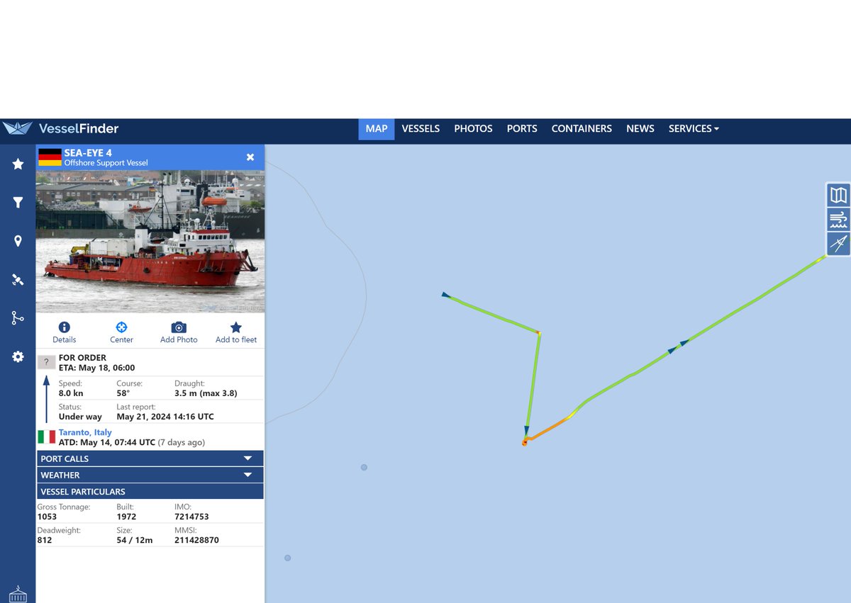 TrafficoNaviOnc's tweet photo. 21.05.2024 #SeaEye4 procede per il posto assegnato di Ravenna con 52 siriani soccorsi ieri sera alle 18.30 UTC su chiamata da #MareGo che li aveva avvistati alle 12.10 UTC circa a circa 71 nm dalla costa libica. l'altra barca segnalata da A.P. invece è stata soccorsa dalla CG lib https://t.co/H1hk2pn9cI