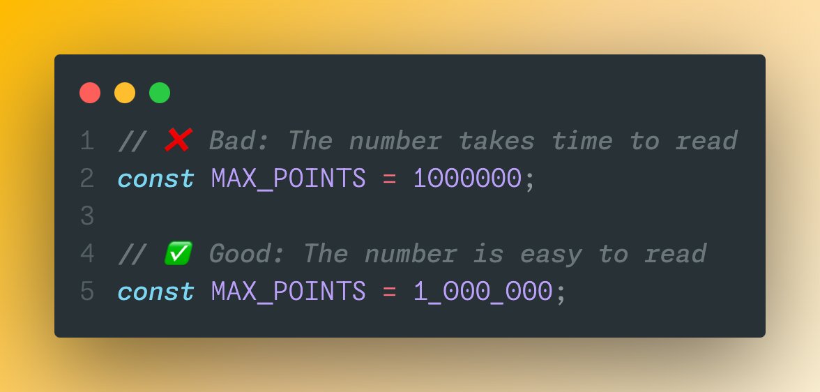 Javascript Tip 💡

Use the thousands separator to make your numbers more readable.