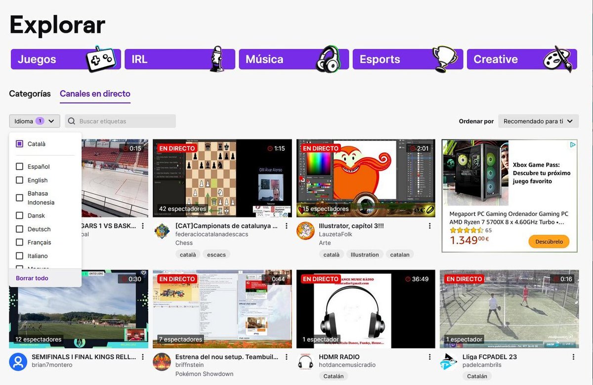 Hora de veure directes a twitch.tv ? Recorda que pots trobar directes en català molt fàcilment! Posa el català com a filtre al directori, i ja està! Així de fàcil! #encatala #videojocs #gamingcat