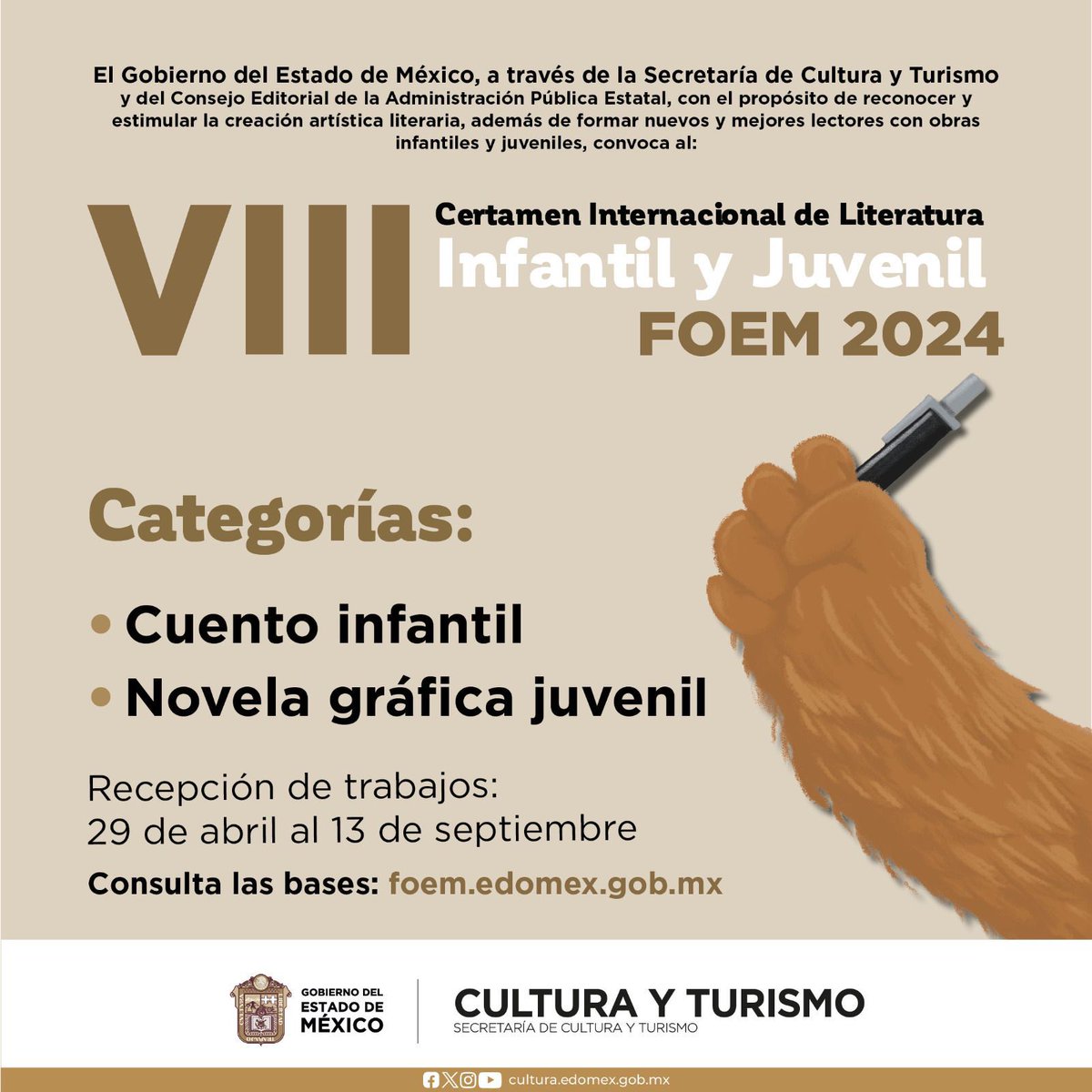 Ya está abierta la convocatoria del VIII Certamen Nacional de Literatura #InfantilYJuvenilFOEM 2024 del Consejo Editorial de la Administración Pública Estatal , envía tus cuento infantil o novela gráfica juvenil. foem.edomex.gob.mx/sites/foem.edo…