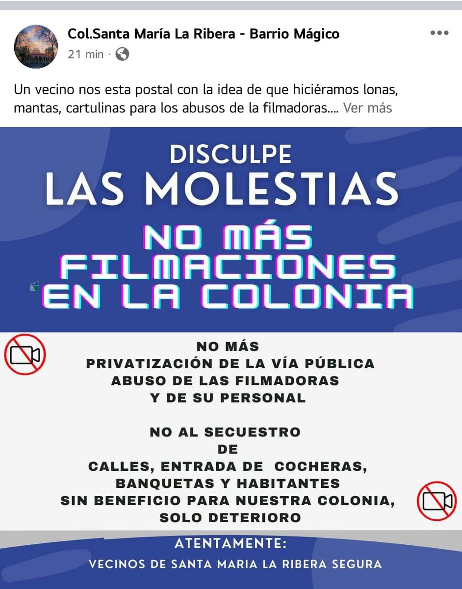 Los vecinos de <a href="/stamalaribera/">SantaMarialaRibera</a> <a href="/StaMaRibSegura/">Santa Ma. la Ribera</a> se empiezan a organizar debido al abuso de <a href="/CFilmaCDMX/">@CfilmaCDMX</a> organicen bien sus filmaciones si perjudicar a terceros !!!
🛑 BASTA DE ABUSOS 🛑
