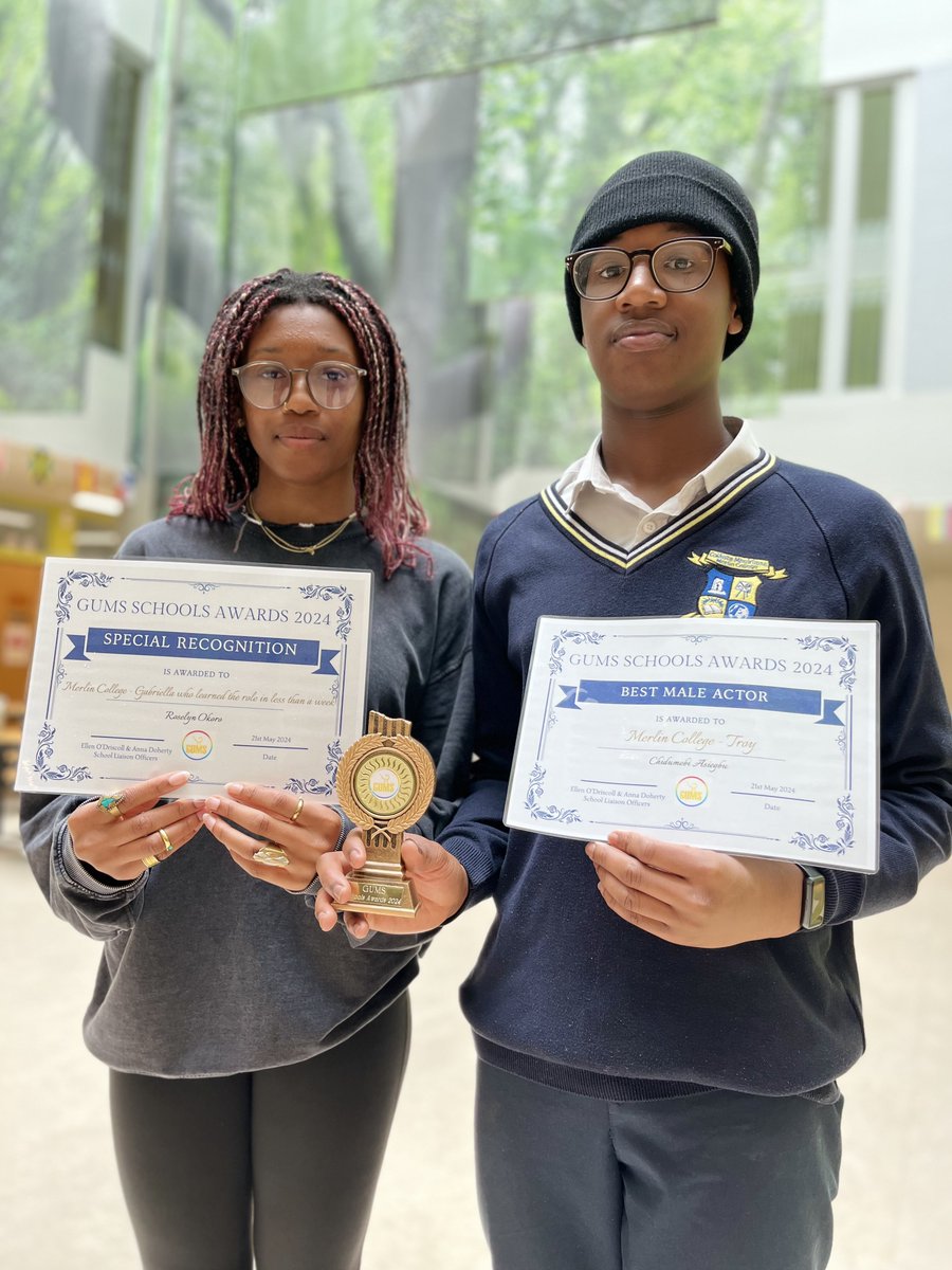 Huge congratulations to Dumebi and Roselyn on their success at the GUMS awards today. Dumebi won “Best Male Actor” and Roselyn was awarded a special recognition award for her hard work and talent in our musical this year 🥇🥇🎹🎧🎤🎬

A massive well done to all involved 🙂