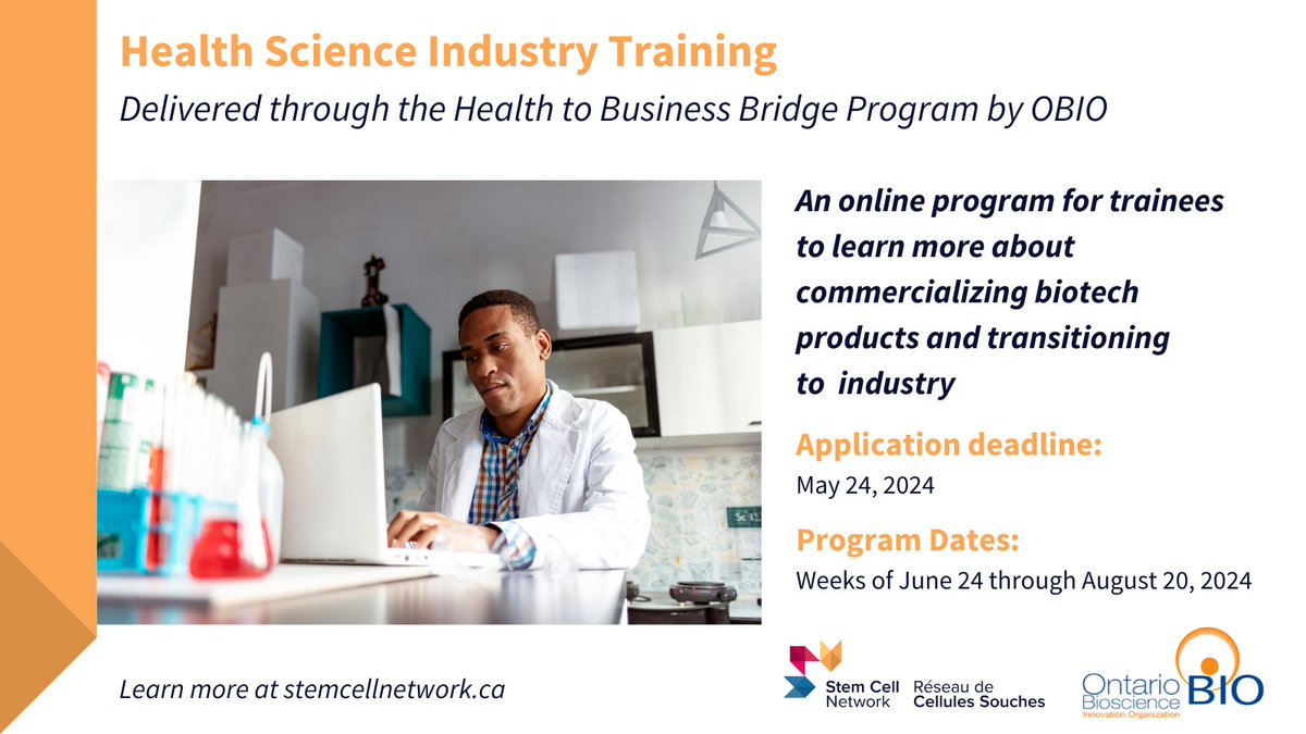 Reminder application deadline is May 24th! Apply for the Health Science Industry Training program to learn more about commercializing #BiotechProducts and transitioning to the industry! ➡️stemcellnetwork.ca/training/works… @obioscience