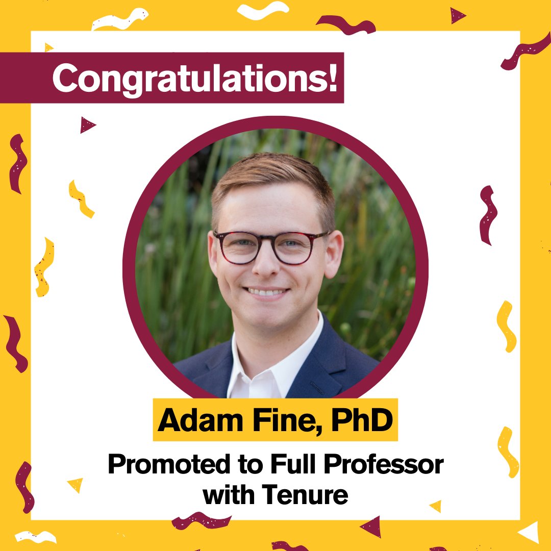 Congratulations to Dr. Adam Fine on his promotion to Full Professor with tenure! Dr. Fine studies predictors &amp; outcomes related to the juvenile justice system &amp; factors related to legal socialization among youth. We are so proud of this incredible distinction! #ASUCCJ #CCJFaculty