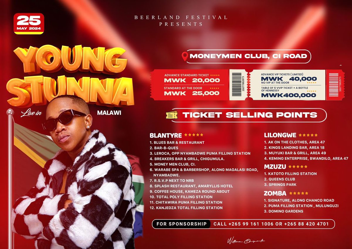 Gulani ticket mukavine Adiwele uku!

#BeerlandYoungStunna 
#YoungStunnaLiveInMalawi 
#YoungStunnaMalawi