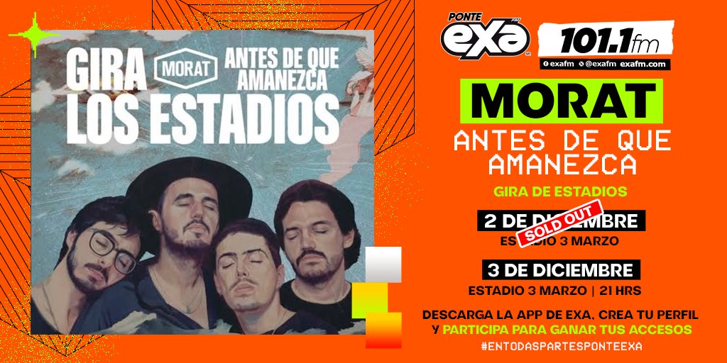 Sabemos que "Faltas Tú" de obtener tus accesos para #Morat 🤩y su gira los estadios🎤🏟️ Descarga la app de EXA, crea tu perfil y participa para ganar🤳🏻 #EnTodasPartesPonteEXA 💥