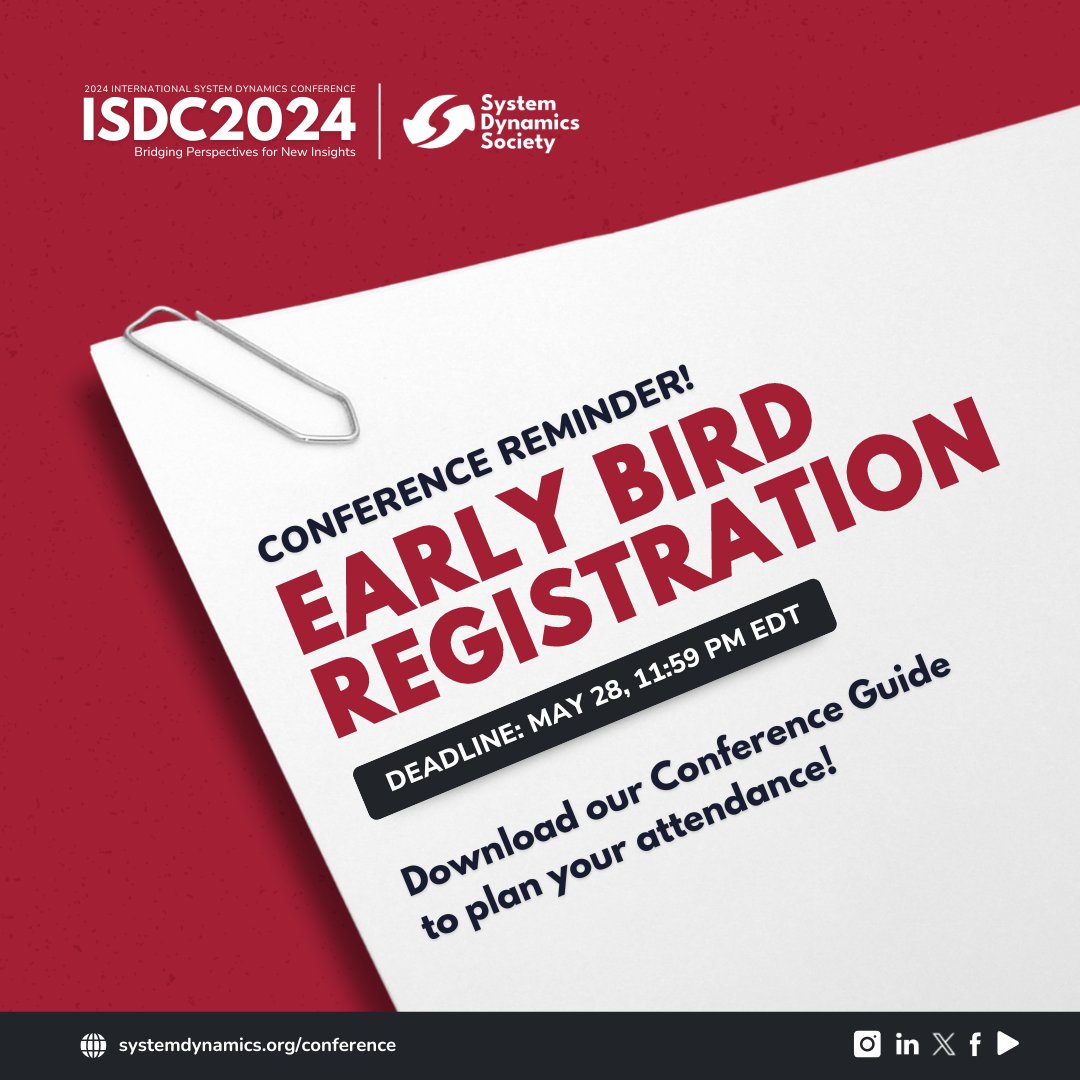 🚨ONE WEEK LEFT! Early-bird Rates Available Until May 28🚨 📅 August 4-8, 2024 📍 The Scandic Bergen City Hotel and online 🔗 Join the Conference: ow.ly/A1zP50ROF4U 🔗 Conference Guide: ow.ly/a0Oe50ROF4S #SystemDynamics #systemsthinking #ISDC2024