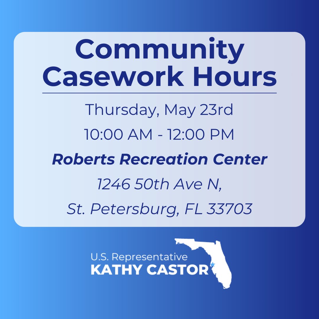 My caseworkers are here to help you cut through the red tape of federal agencies 💪 Thursday, my office will be hosting community casework hours from 10AM - 12PM in St. Petersburg to address casework issues relating to veteran affairs, Social Security & Medicare and passports.