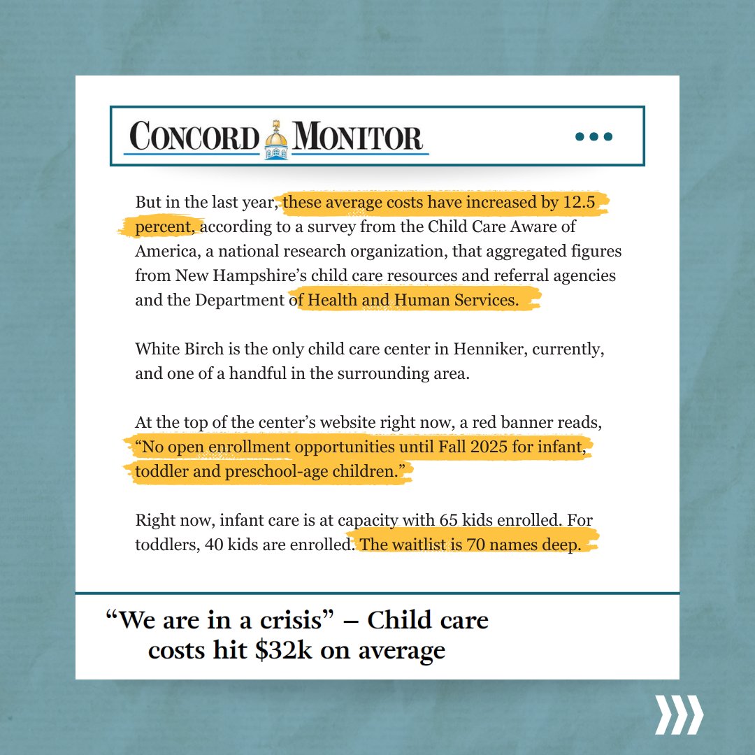 Data shows that child care is getting more expensive, and young families can expect to spend more on child care than any other expense. Two bills making their way through the NH Legislature aim to help offset these rising child care costs. TAKE ACTION: new-futures.org/Supports-for-C…
