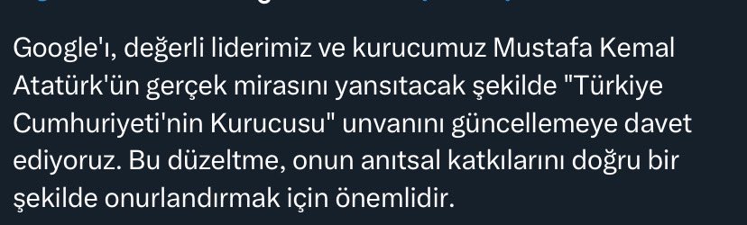 MANSUR YAVAŞ NE YAPTI ! (@mansuryavas06tr) on Twitter photo Ankara Büyükşehir Belediye Başkanımız
Sayın Mansur Yavaş,
Türkiye Cumhuriyetimizin kurucusu Gazi Mustafa Kemal Atatürk’ün ünvanının düzeltilmesi için Google’a çağrı yaptı.
<a href="/mansuryavas06/">Mansur Yavaş</a> 🇹🇷
#MansurYavasNeYaptı Ankara Büyükşehir Belediye Başkanımız
Sayın Mansur Yavaş,
Türkiye Cumhuriyetimizin kurucusu Gazi Mustafa Kemal Atatürk’ün ünvanının düzeltilmesi için Google’a çağrı yaptı.
<a href="/mansuryavas06/">Mansur Yavaş</a> 🇹🇷
#MansurYavasNeYaptı