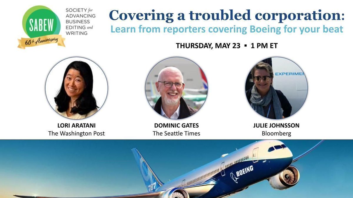 SABEW (@sabew) on Twitter photo #JOURNOS: Join our webinar "Covering a troubled corporation" w/ <a href="/loriara/">lori aratani</a>, <a href="/dominicgates/">Dominic Gates</a> & @juliejohnsson. You don't want to miss this. Learn from reporters covering Boeing for your beat.
🗓️ Thursday, May 23
🕐 1pm ET
🔗 buff.ly/3Qt4gIj
#BusinessJournalism
#BoeingCrisis #JOURNOS: Join our webinar "Covering a troubled corporation" w/ <a href="/loriara/">lori aratani</a>, <a href="/dominicgates/">Dominic Gates</a> & @juliejohnsson. You don't want to miss this. Learn from reporters covering Boeing for your beat.
🗓️ Thursday, May 23
🕐 1pm ET
🔗 buff.ly/3Qt4gIj
#BusinessJournalism
#BoeingCrisis