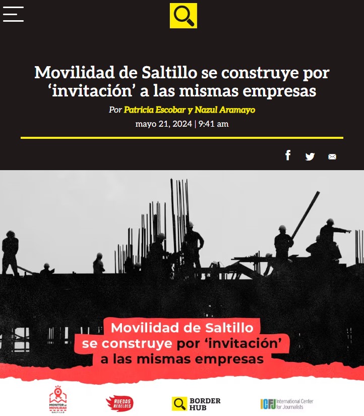 Nazul Aramayo y Patricia Escobar , periodistas de @ruedasrebeldes y becarios @Border_Hub, presentan la 1era historia de 'Monitor de Movilidad #Saltillo' ❌ 95 % de contratos de obras públicas de movilidad urbana de #Saltillo no se licitan borderhub.org/es/noticias-es…