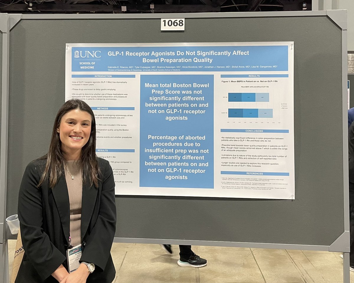 <a href="/UNCGIFellowship/">UNCGIFellowship</a> ‘s #GabiRitaccio
Presenting our data on GLP-1 ‘s and colon prep (no effect) 
<a href="/DDWMeeting/">Digestive Disease Week</a> 
#DDW2024
<a href="/UNCGastro/">UNC Gastroenterology</a> 
<a href="/ASGEendoscopy/">ASGE GI Endoscopy</a>