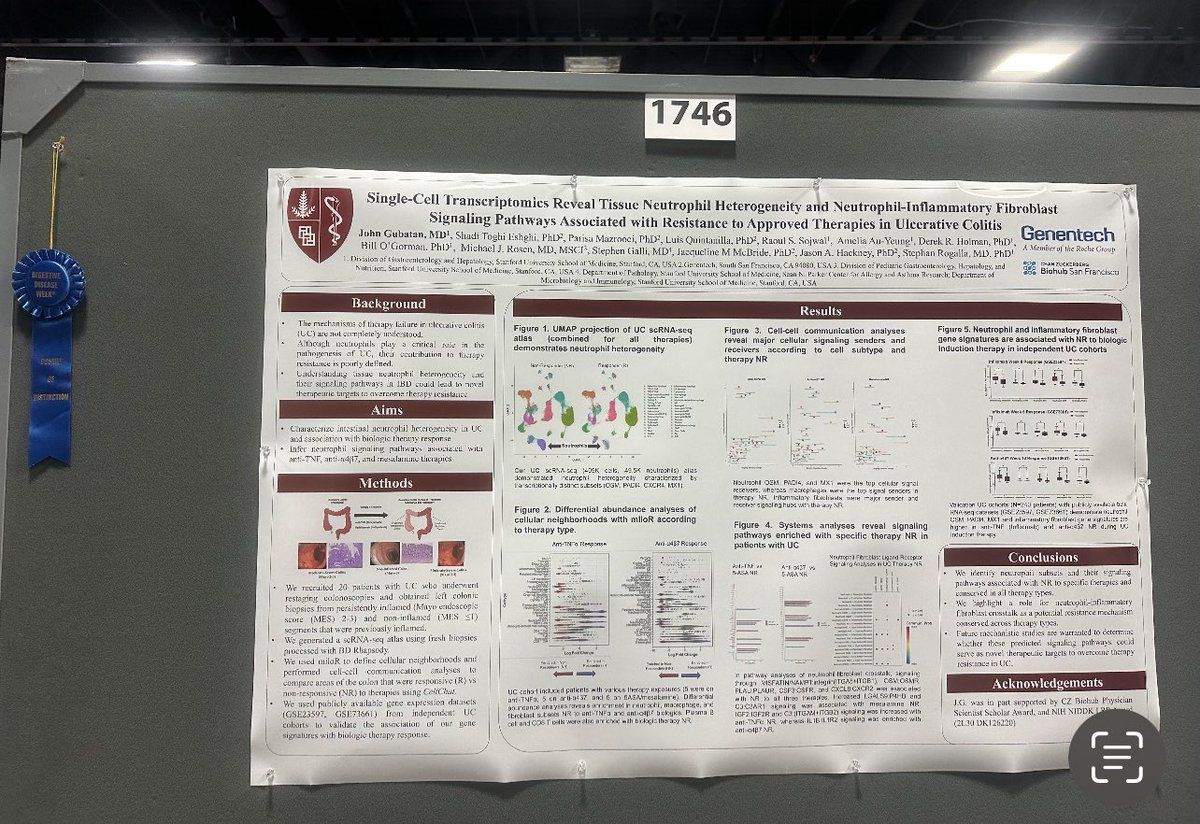 HUGE CONGRATS to @JGubatanMD for a poster distinction award at #DDW2024 showing the interplay of neutrophils & inflammatory fibroblasts in #IBD in collaboration with @genentech. Another great achievement after 2 excellent talks. Very well done, John! @StanfordMed @Stanford_GI