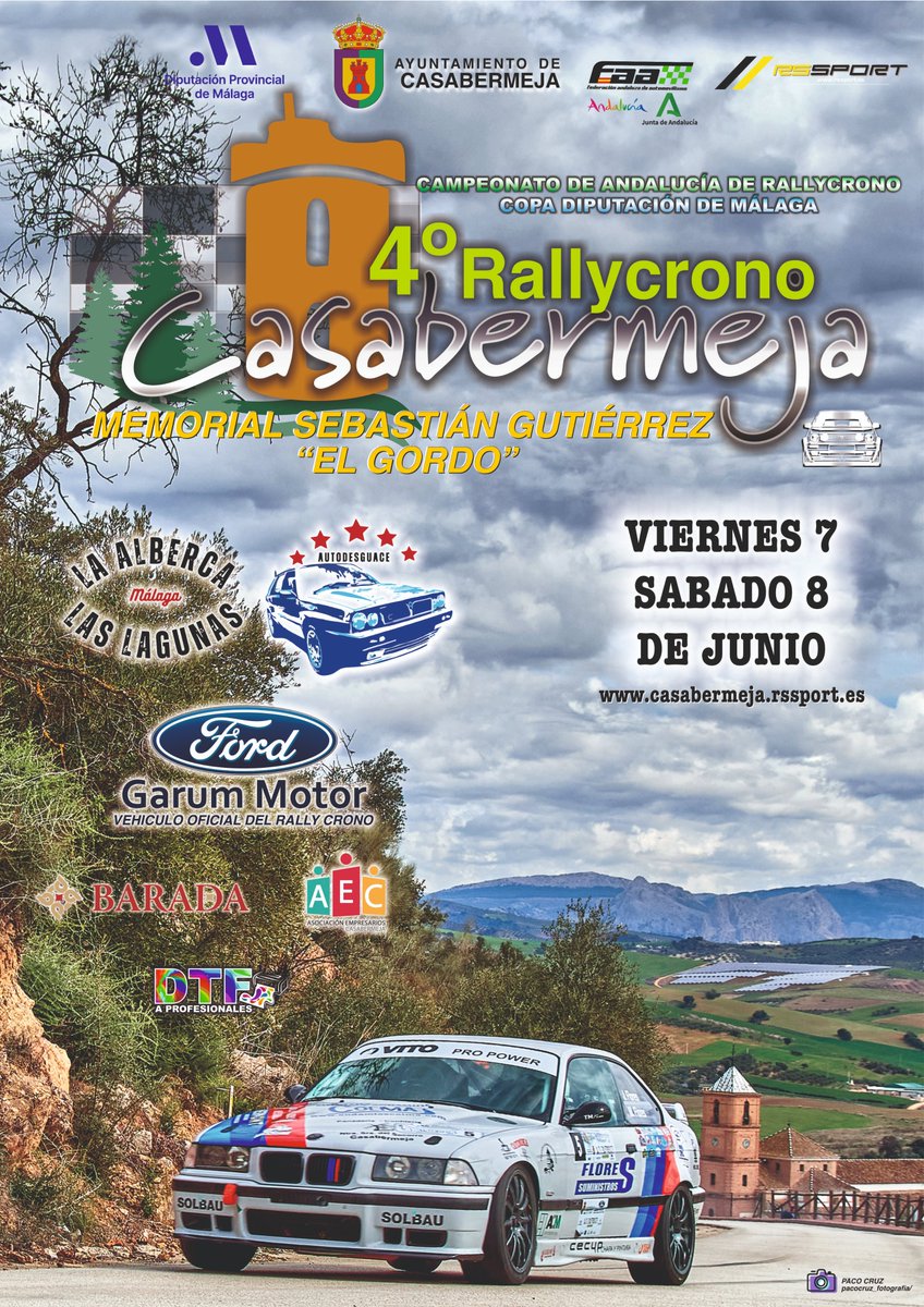 Ya tenéis aquí el cartel oficial del RallyCrono Casabermeja 2024 donde todos los pilotos disfrutaran este año de un tramo espectacular, este año será el sábado 8 desde las 12 de la mañana, Foto: Paco Cruz