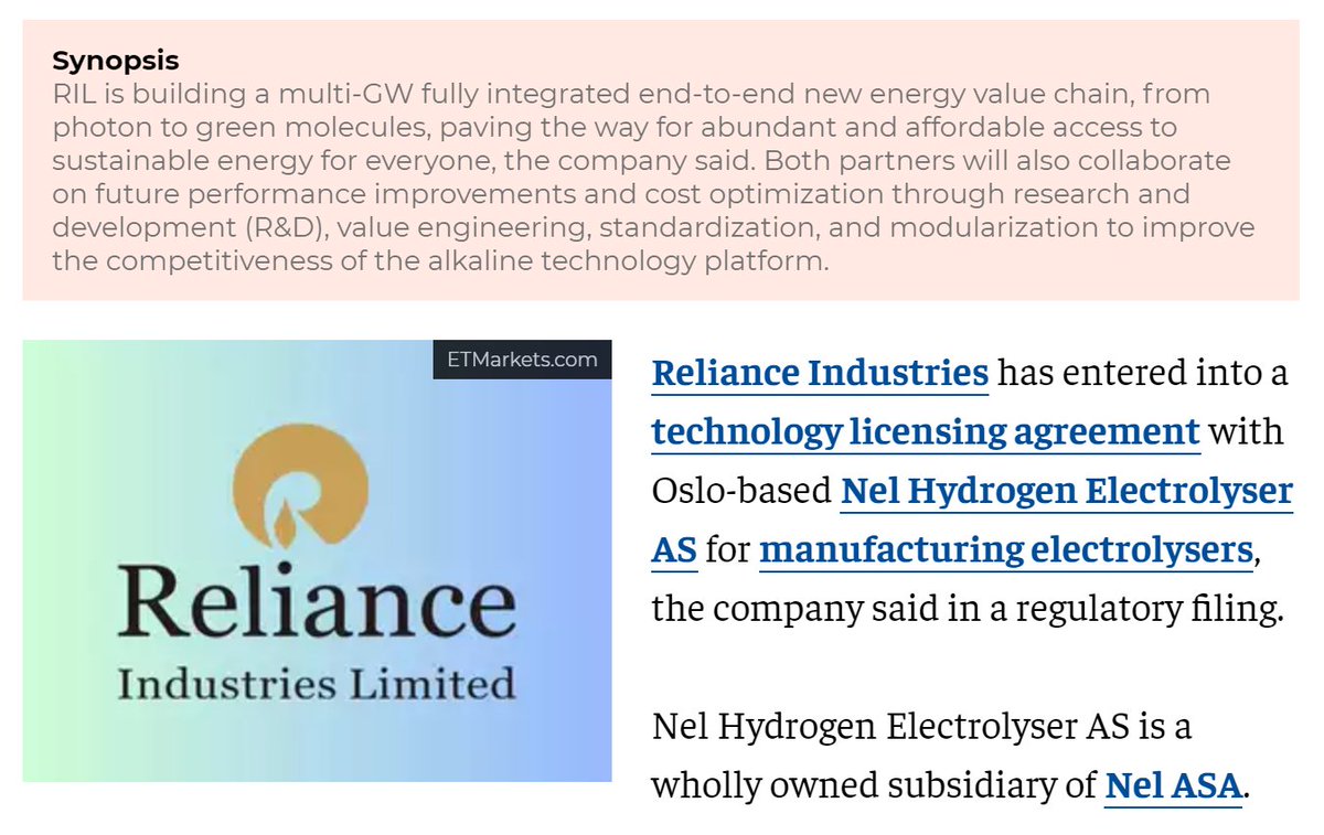 RIL signs technology licensing agreement with Nel Hydrogen Electrolyser AS

economictimes.indiatimes.com/industry/renew…