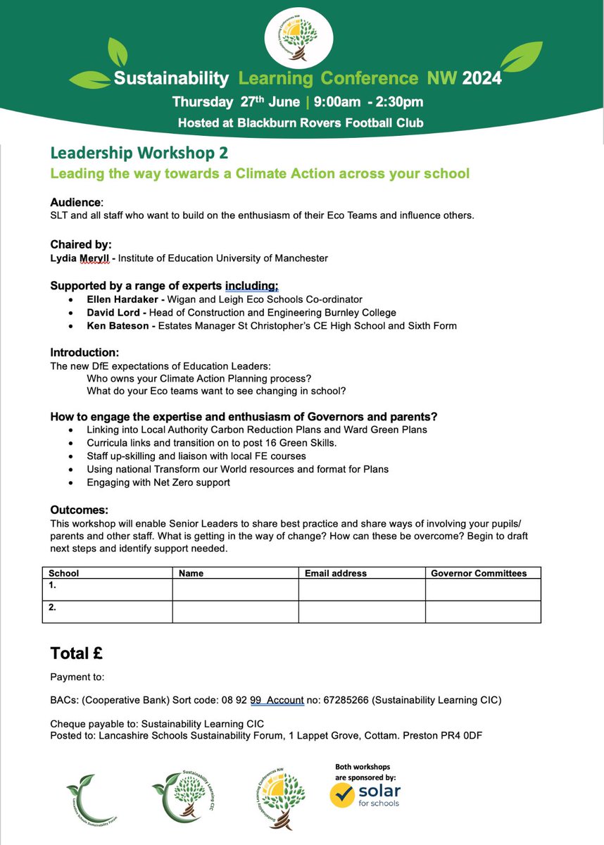 Fab leadership CPD available 27.06.24 as part of Sustainability Learning Conference NW @BRFCTrust 
DM for a booking form.  2 places for £50 Don't miss out on an action-packed experience @EcoSchools @SthubertG @JaspiesMate @MerseyRegionSSN @MiddleforthCoEP @middleforth