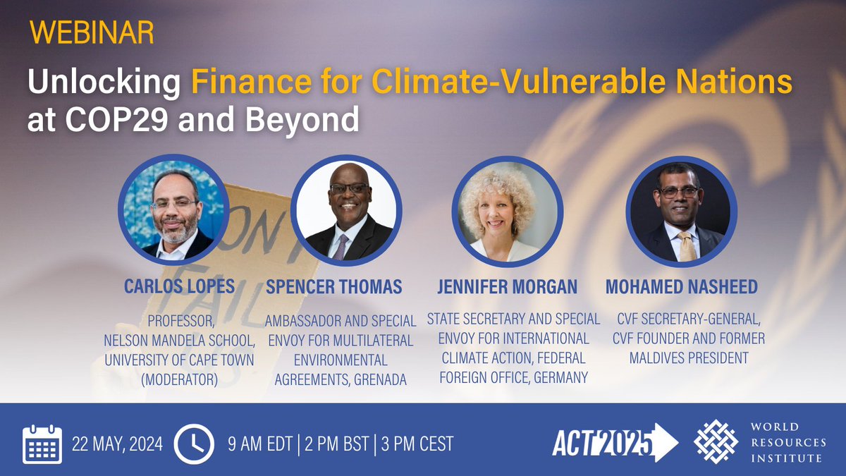 Climate-vulnerable nations urgently need adequate climate finance. At #COP29, pivotal discussions will shape a new global climate finance goal. 

Register now for this #webinar to explore solutions with our expert panel hosted by #ACT2025: bit.ly/44xDAfx