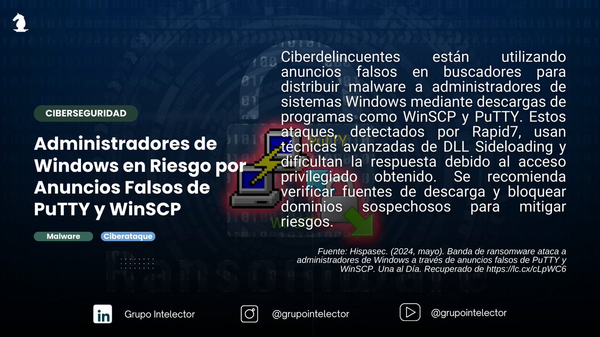 GIntelector's tweet image. Alerta de Ransomware: Administradores de Windows en riesgo por anuncios falsos de PuTTY y WinSCP. Descarga solo de fuentes oficiales.
Más información aquí: lc.cx/cLpWC6
#Ciberseguridad #Ransomware #Intelector