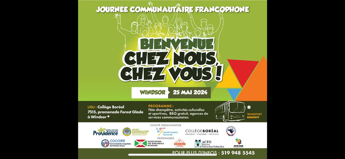 Venez nous voir samedi prochain à #bienvenuecheznouschezvous. Au programme : activités sportives et artistiques et BBQ gratuit. <a href="/CCFWEK/">CCFWEK WINDSOR</a> <a href="/CscProvidence/">Csc Providence</a> <a href="/Boreal_WINDSOR/">Collège Boréal</a> <a href="/CSViamonde/">CS Viamonde</a> #FANA #COCOWE <a href="/acsoocameroun/">ACSOO</a> #BurundaisdeWindsorEssex <a href="/ACFO_WECK/">ACFO WECK</a> <a href="/moi_epelle/">Epelle-Moi Canada</a> @1Entite