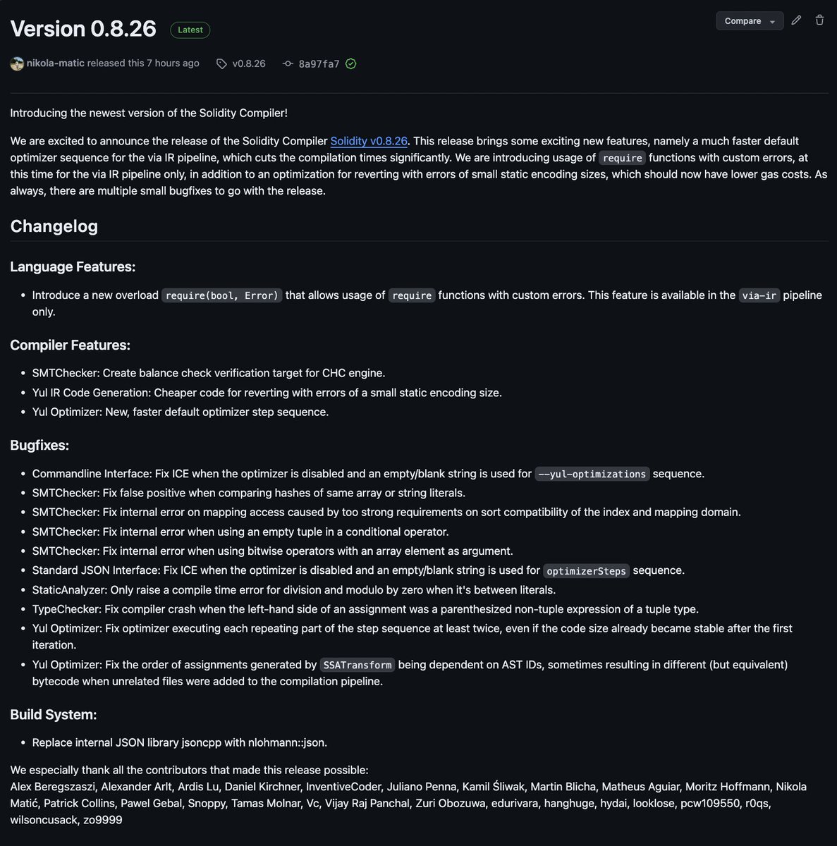 solidity_lang's tweet image. We're excited to announce Solidity v0.8.26! 🎉

This release brings a faster default optimizer sequence for the via IR pipeline, usage of require functions with custom errors, an optimization for reverting with errors of small static encoding sizes, several bugfixes &amp;amp; more.

✍️…