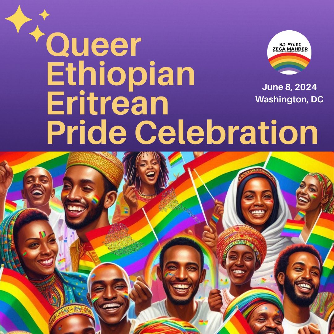 zegamahber's tweet photo. Zega Mahber is hosting the 2024 Queer Ethiopian Eritrean Pride Celebration in Washington DC on Saturday June 8  2024.

Please join us if you are Queer and Ethiopian or Eritrean. Partners/Spouses Welcome!

Come celebrate Pride 🏳️‍🌈🏳️‍⚧️🇪🇹🇪🇷

#LGBTEthiopia 
#QueerEthiopia #zega https://t.co/HZWmptFnwD
