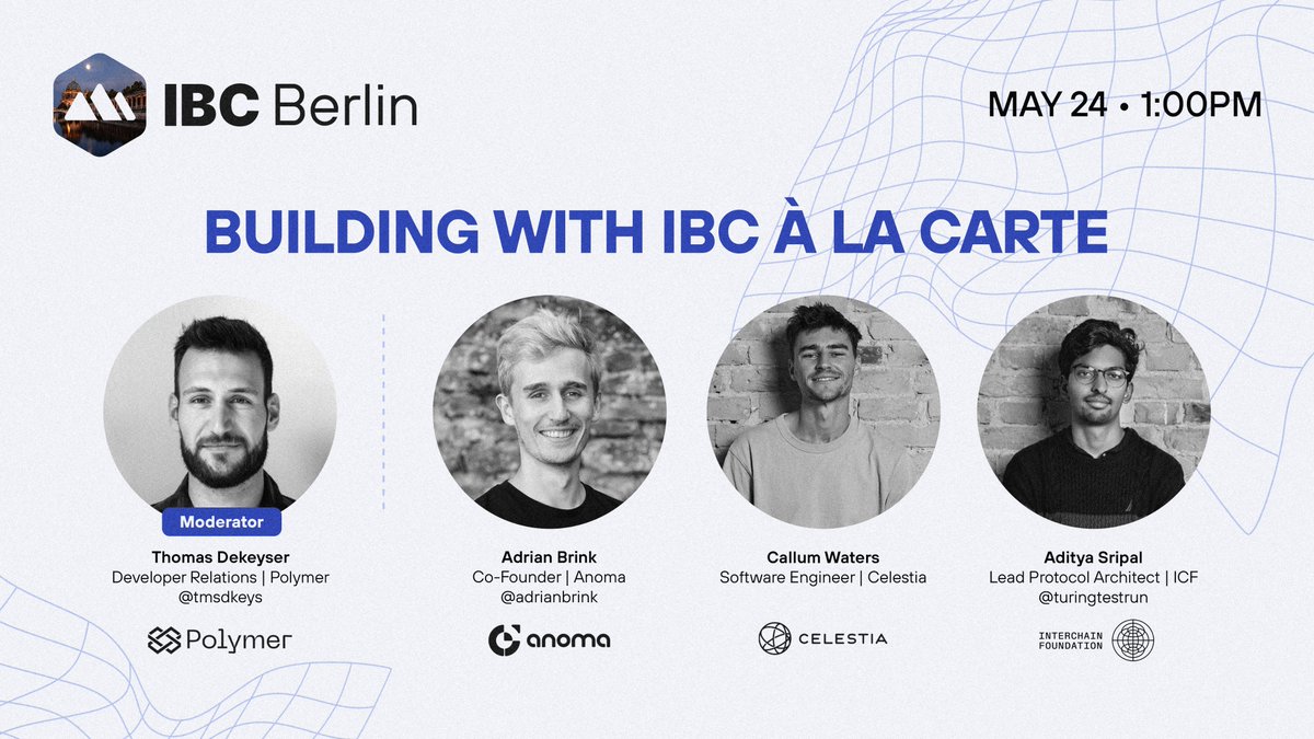 IBC Summit | Global (@ibc_summit) on Twitter photo Explore the growing spectrum of ways to build with IBC, & how the protocol is set up to stay relevant in an ever-changing landscape.
Join the panel featuring industry leaders: <a href="/adrianbrink/">Adrian Brink</a> from <a href="/anoma/">Anoma</a>, Callum Waters from @CelestiaOrg, <a href="/turingtestrun/">Aditya</a> from <a href="/interchain_io/">Interchain Foundation</a>, & Explore the growing spectrum of ways to build with IBC, & how the protocol is set up to stay relevant in an ever-changing landscape.
Join the panel featuring industry leaders: <a href="/adrianbrink/">Adrian Brink</a> from <a href="/anoma/">Anoma</a>, Callum Waters from @CelestiaOrg, <a href="/turingtestrun/">Aditya</a> from <a href="/interchain_io/">Interchain Foundation</a>, &