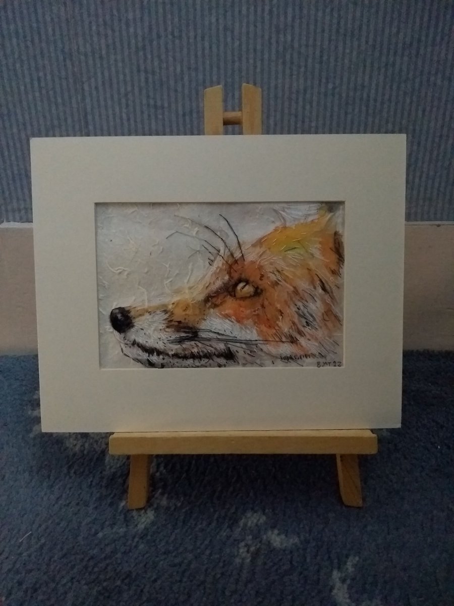 Fox mixed media artwork - watercolour painting and hand stitching on paper. Set in a white mount. etsy.com/uk/listing/133… #EarlyBiz #MHHSBD