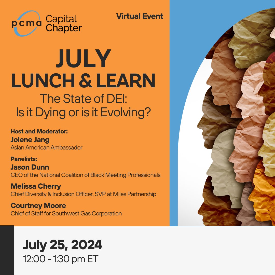 Registration is open for our July Lunch & Learn: The State of DEI: Is it Dying or is it Evolving? Don't miss the expert panel discussion and the chance to engage virtually with your peers on this crucial topic. 

Register now! ow.ly/eaLX50RPos6

#PCMACC #meetingprofs #DEI
