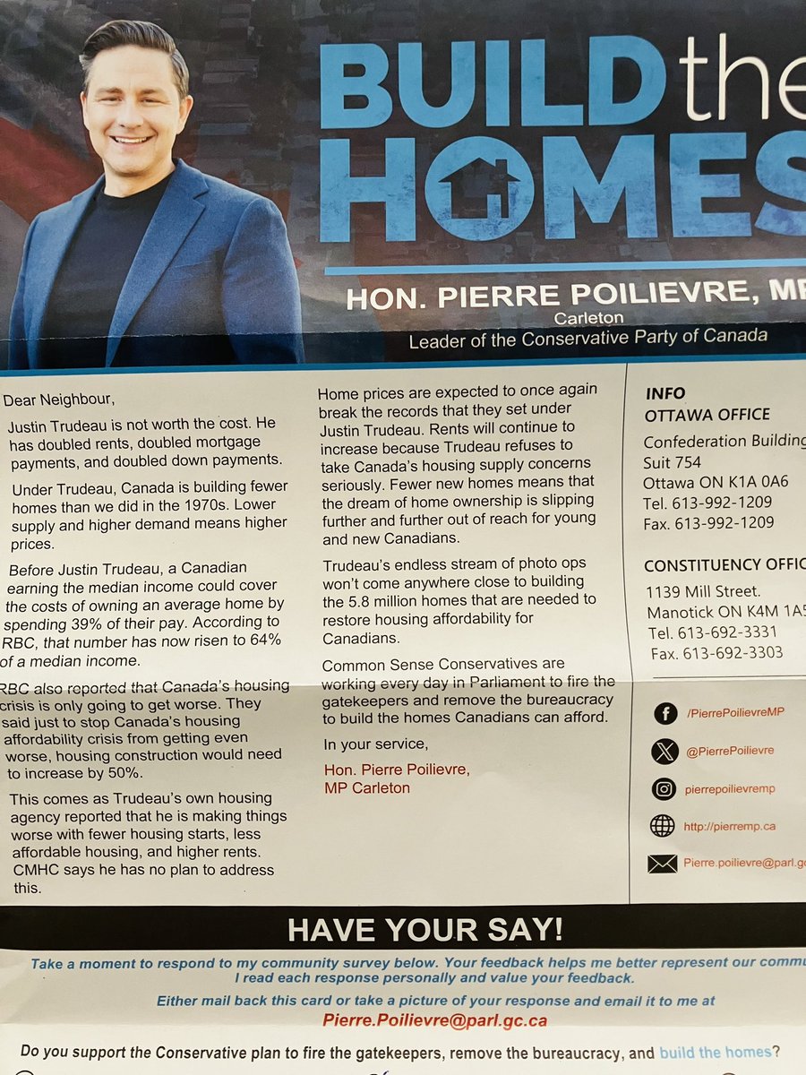 In my mailbox today from slogan generator PP requesting feedback — and name, address, phone, email info.  
#CarletonDeservesBetter 
#PierrePoilievreIsLyingToYou 
#IStandWithTrudeau
