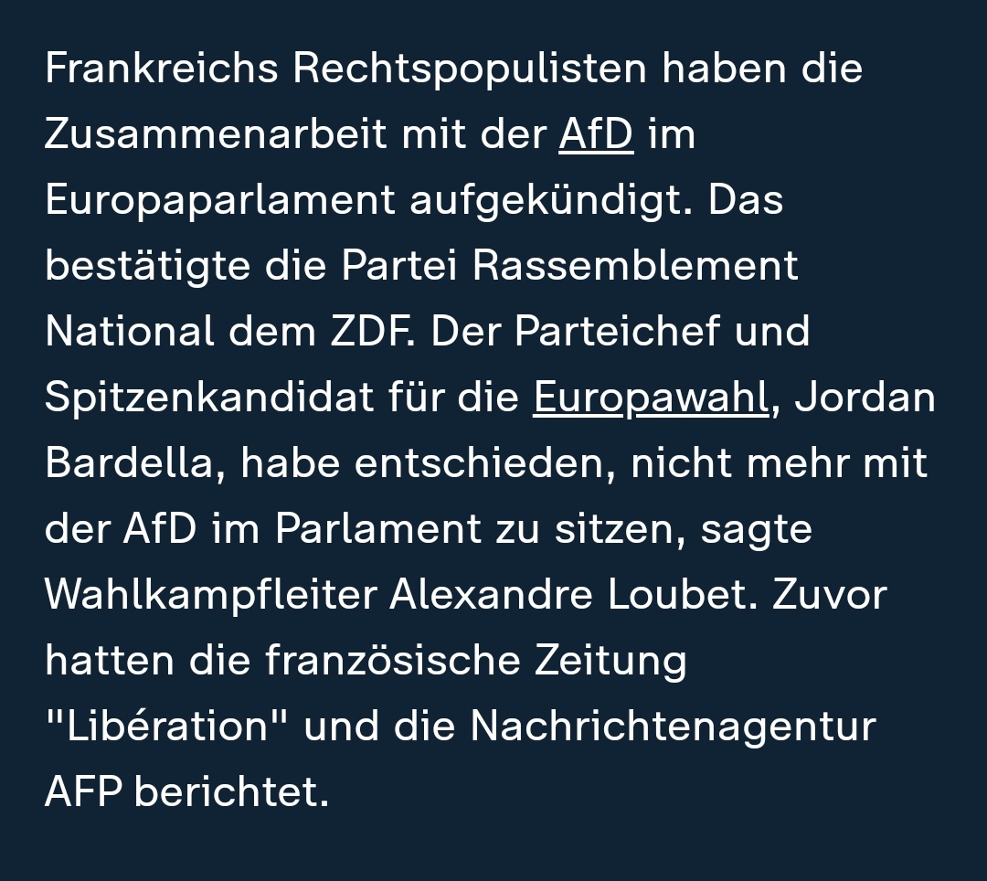 Wenn selbst französischen Rechtspopulisten, die #AfD zu Rechts ist🤝

Grüße gehen raus an unsere 'europäischen Aushängeschilder' #Krah und #Bystron ✌️

#AfdistkeineAlternative
#gegenRechtsradikalismus
#GegenFaschismus