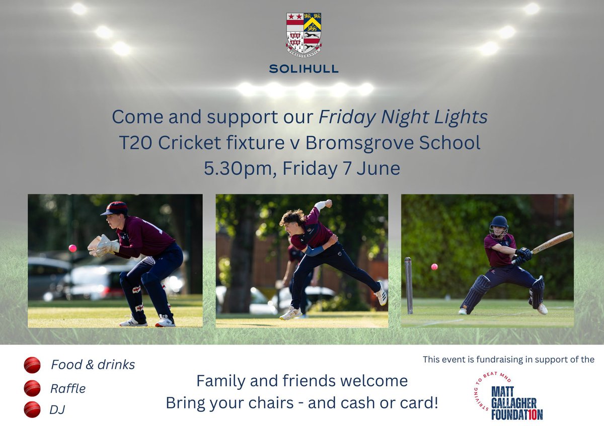 We’re looking forward to our @SolihullSport Friday Night Lights T20 match v @BromsSchool! 🏏 Come along and watch some great evening cricket, whilst supporting the Matt Gallagher Foundation, at our Warwick Road campus. @BromsCricket @SolihullPrep #CharityTuesday @mndassoc